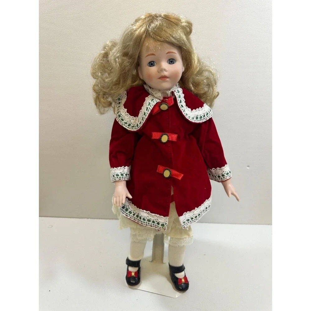Dynasty Doll Collection "Lauren" 16" Porcelain Doll in Red Velvet Coat & Dress